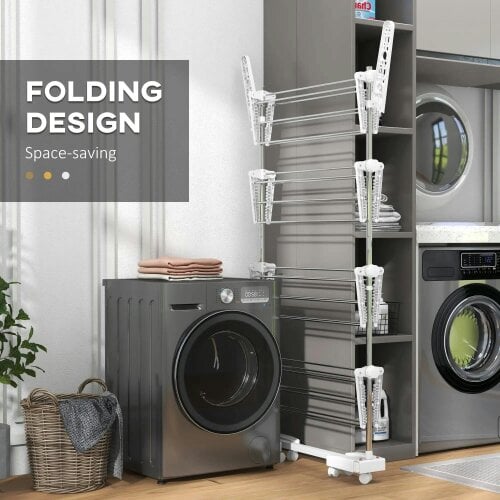 Bobobiy Four-Shelf Collapsing Clothes Horse, With Side Arms and Wheels - White