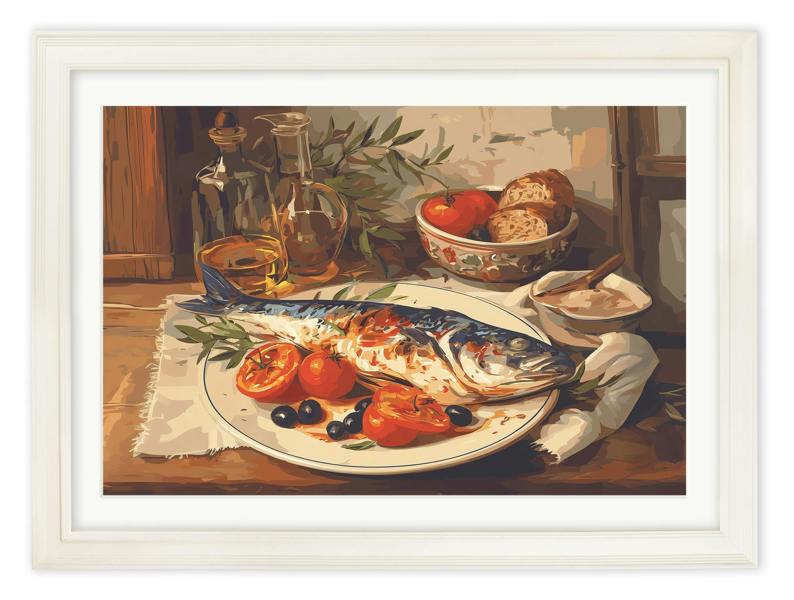 Exceptional Art Mediterranean Fish Supper - Cream Hurstwood Frame
