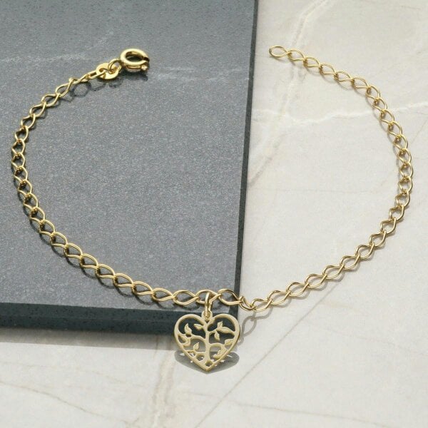 Christopher James of London 9ct Yellow Gold Plated Curb Anklet With Your Choice of Charm - 2. Heart Tree Of Life Charm