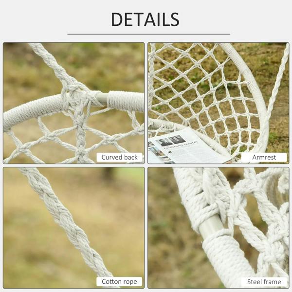 Cream cotton rope macrame hammock chair with curved back and woven net seat