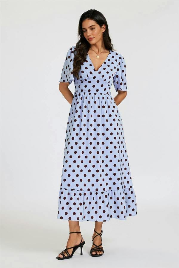 FS Collection Polka Dot Print Angel Sleeve V Neck Frill Hem Midi Dress In Blue