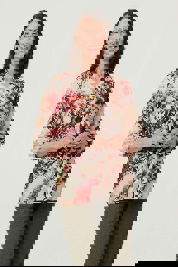 Cream | Floral 3/4 Puff Sleeve Curve Hem Blouse