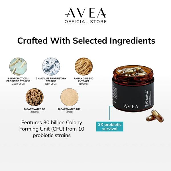 AVEA Biomind Probiotic & Brain Health Supplement (30 Capsules) - 30 Billion CFU - Vitamin B12, Panax Ginseng & Vitamin B6 - Brain Fog & Gut Health - Vegan