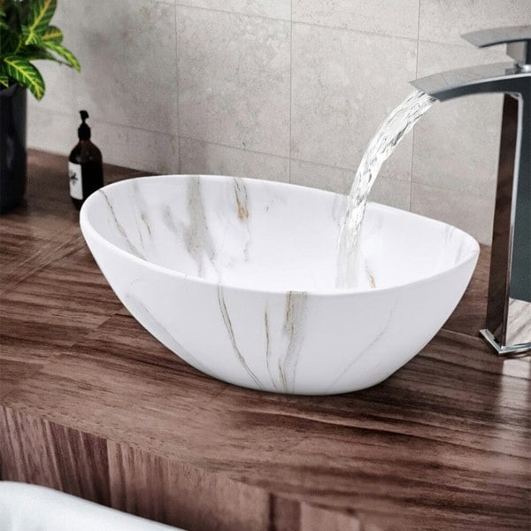 41.5cm W x 13.5cm D White Oval Marble Vessel Bathroom Sink Bathroom Sinks Living and Home