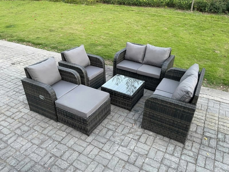Fimous 7 Seater Rattan Sofa Set Outdoor Garden Furniture Set with Square Coffee Table Loveseat Sofa Reclining Chairs Big Footstool Dark Grey Mixed