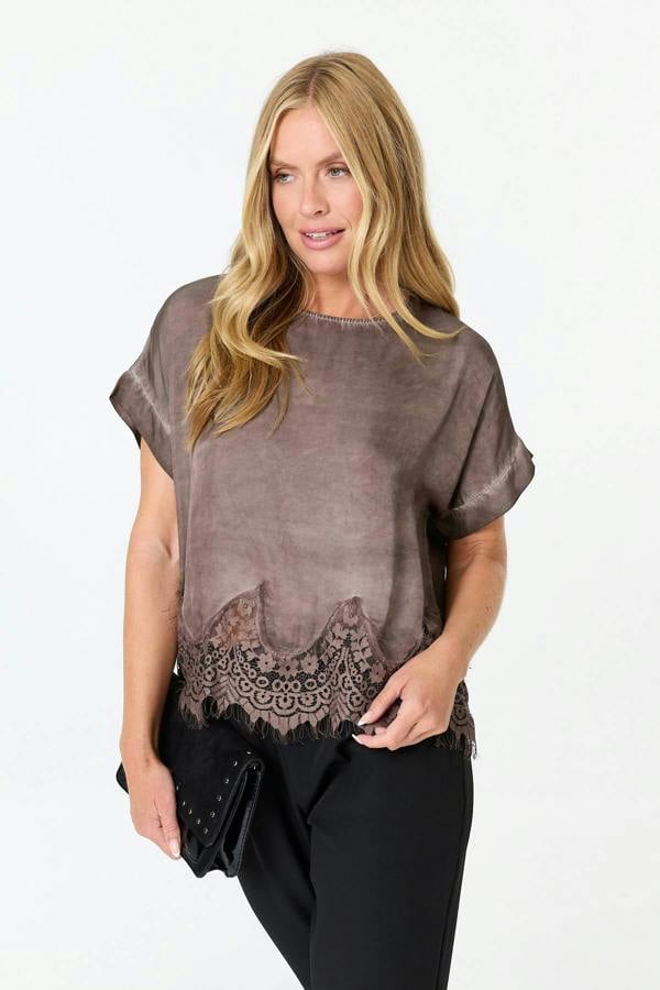 Brown | Lace Trim Relaxed Cap Sleeve Top