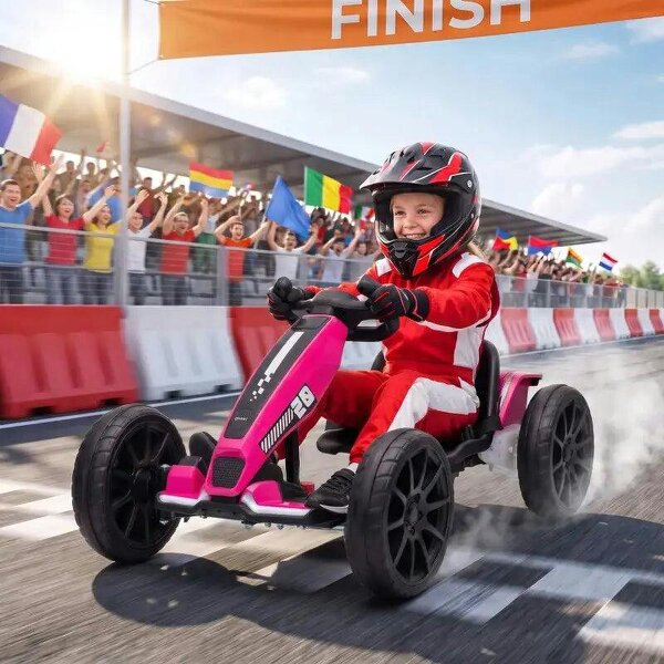 12V Electric Go Kart for Kids with Dual Motors, Adjustable Seat, Soft Start, LED Lights, EVA Wheels, for Age 3-6, Pink - Pink