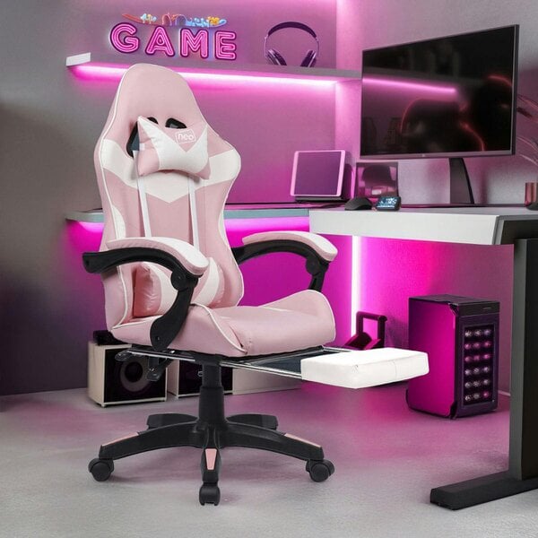 Neo Pink & White PU Leather Gaming Chair with Footrest