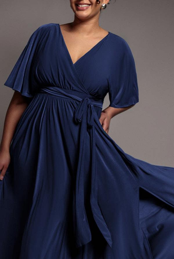 Wrap Front Maxi With Flutter Sleeves - Navy Blue DR2565P