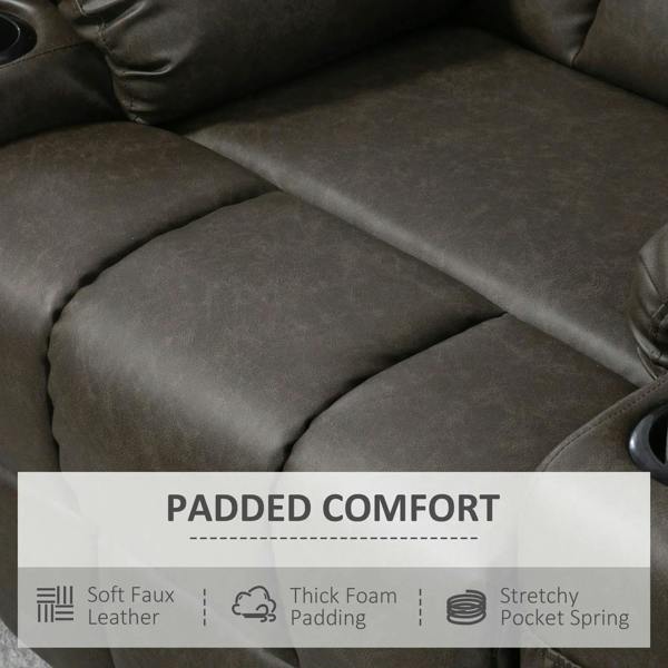 Dark upholstered recliner seat showing thick padded comfort and armrest cushioning