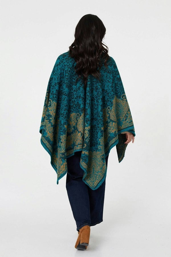 Blue | Damask Print Oversized Poncho
