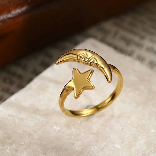 The Colourful Aura Boho Celestial Moon and Star Ring Adjustable Gold/Silver