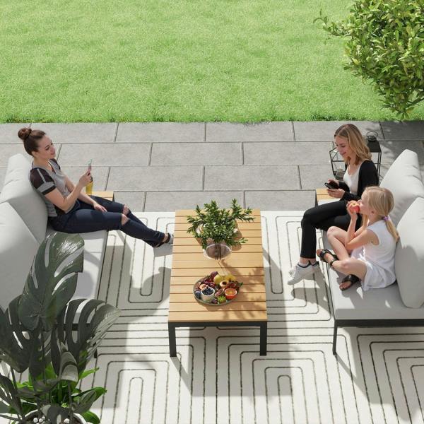 Wyld Haus Matuki Wood Teak 4 Seater Garden Corner Sofa Set With 2 Coffee Tables