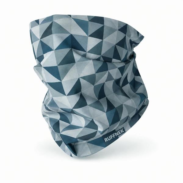 A blue grey geometric patterned neck gaiter 3d face covering with the brand name RUFFNEK printed in white on the lower edge, shown on a clean white background.