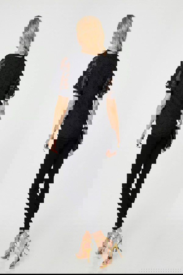 Black| Floral Lace Detail Flared Sleeve Blouse