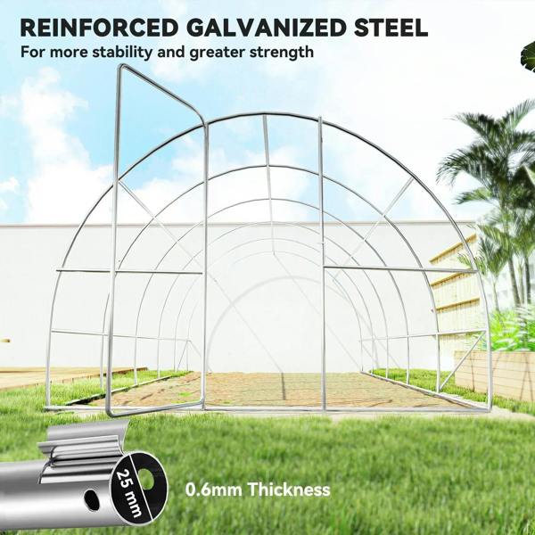 Green polytunnel greenhouse with reinforced galvanized steel frame and arched rib supports