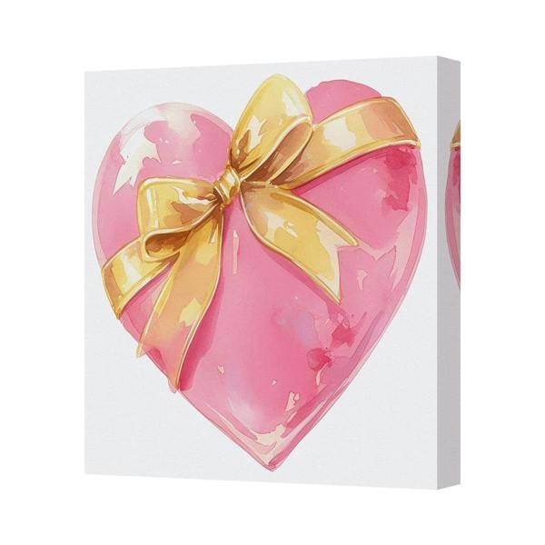 Benjamin Tate Design Pink Heart Canvas Art Print With Gold Ribbon Bow For Home Decor