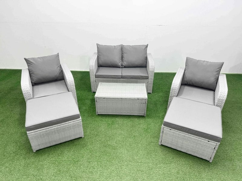 Fimous Light Grey PE Wicker Rattan Garden Furniture Set Sofa Set Reclining Adjustable Chair Rectangular Coffee Table 6 Seater 3 Big Stools
