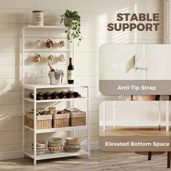 Freestanding Shelving Unit, Industrial Storage Shelf with 6 Hooks and Wine Rack for Living Room, Home Office, White