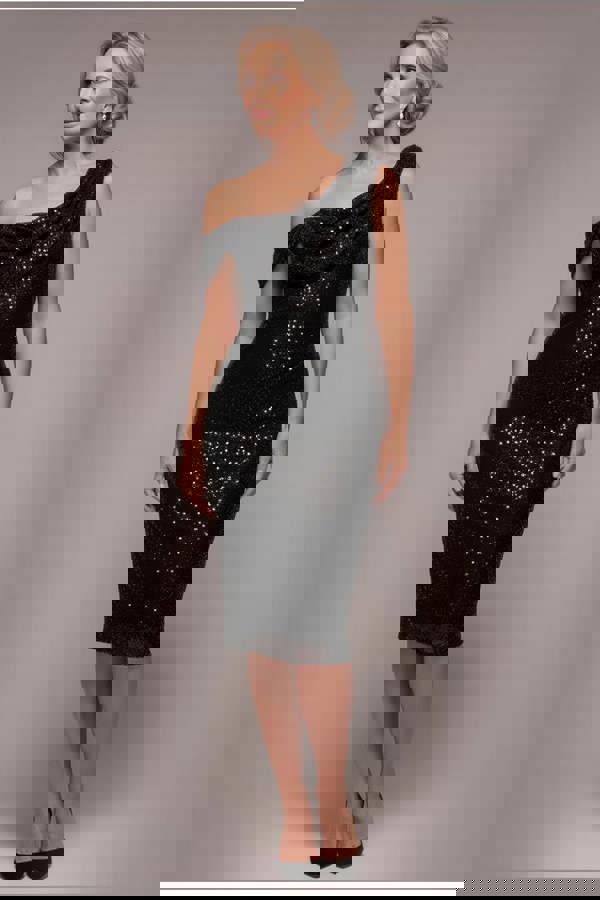 Sequin Cowl One Shoulder Midi Dress - Black DR4529M