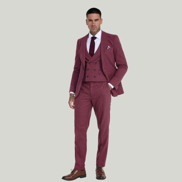 Harry Brown London Eton Wool Tweed Three Piece Slim Fit Suit in Winter Berry