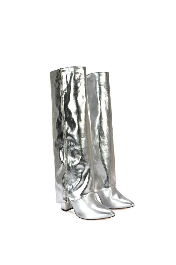 XY LONDON Knee High Boots Fold Over Point Toe Deco Zip