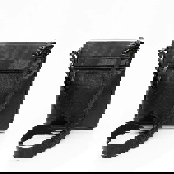 black leather messenger bag, back view with a zipped pocket and a trolley strap.