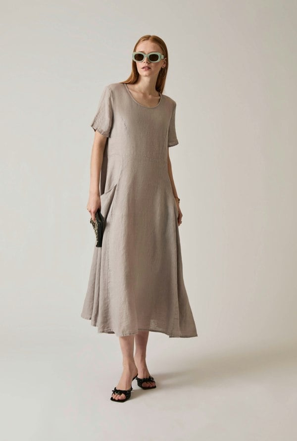 Taupe linen midi dress with pockets