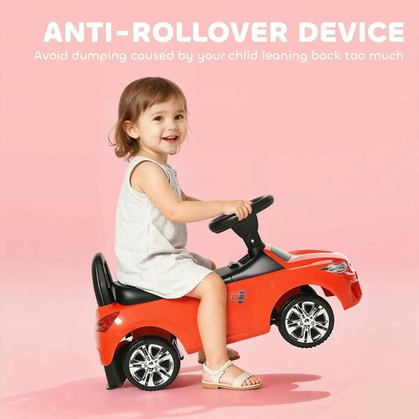 Red ride-on car walker with black steering handle and seat, child seated, side angle