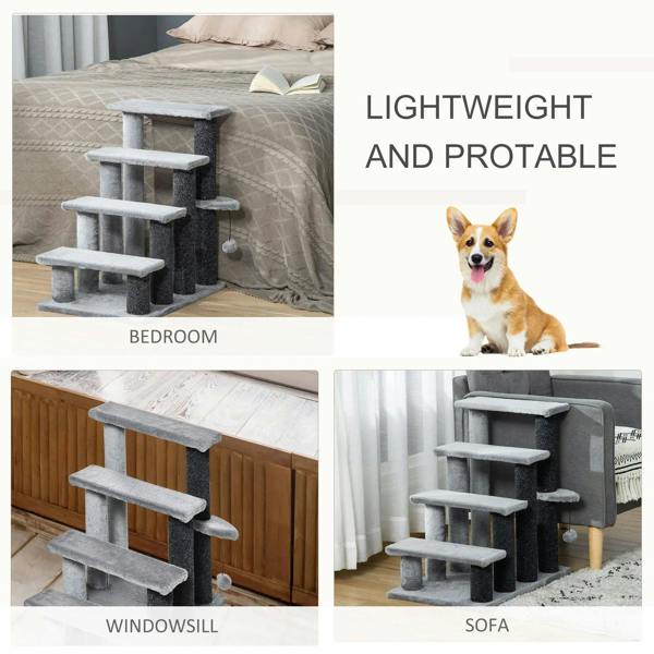 Grey 4-step pet stairs with plush steps and hanging ball toy beside sofa