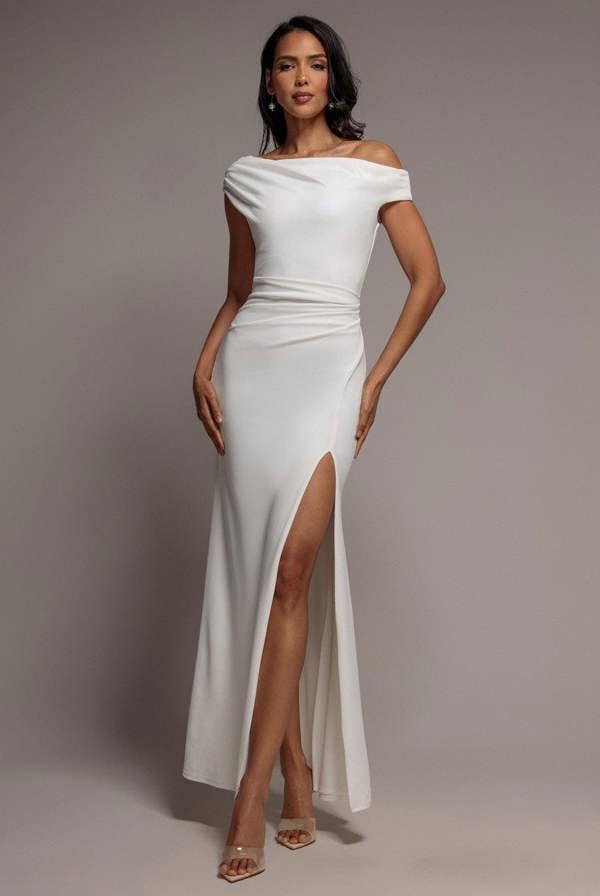 Asymmetric One Shoulder Front Split Scuba Crepe Maxi Dress - White DR5200