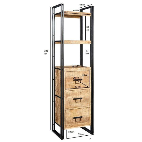IH Design Herica Industrial Mintis Narrow Bookcase with 3 Drawers