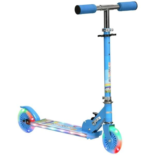 Blue kids scooter with light-up wheels, black handle grips, and a printed standing deck.