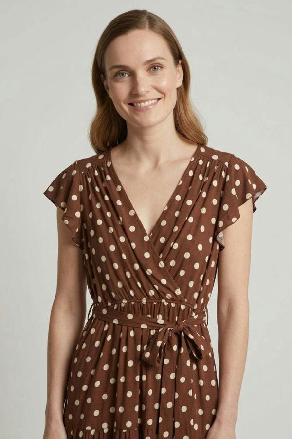 Brown | Polka Dot Tie Waist Tiered Midi Dress