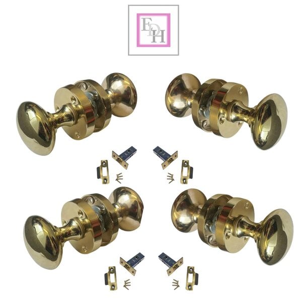 EDH Door Hardware Brass Door Knob Modern Round Rose Door Knob Brass Door Handles 4 Pairs + Latch