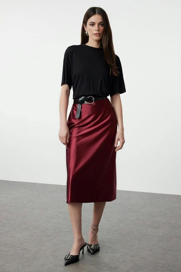 WOVCOR Satin A-Line Midi Knit Skirt