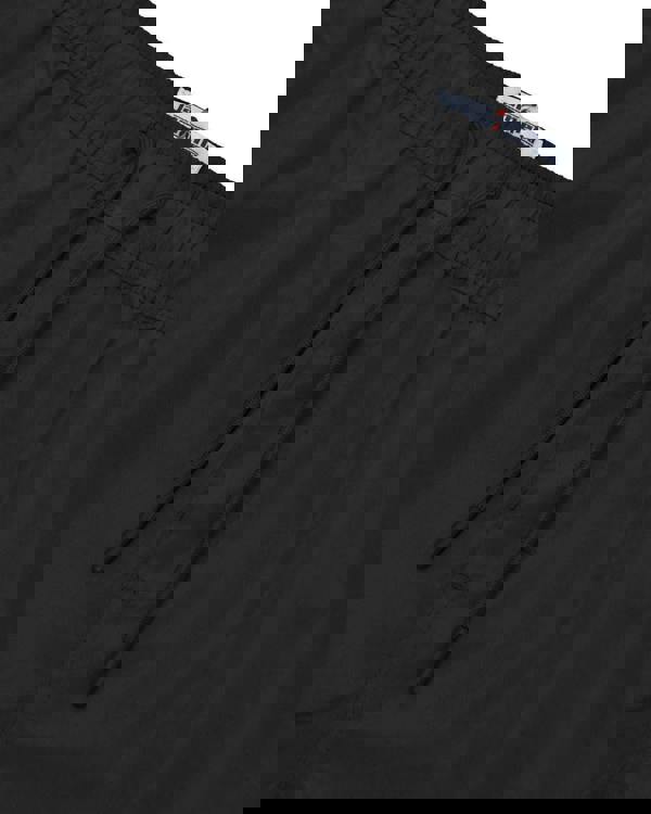 Lambretta Mens Swimming Casual Summer Shorts, close-up of the black fabric shorts with an elastic waistband and drawstring.