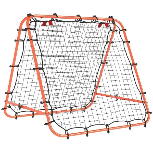 Orange football rebounder net with black grid and rounded frame, double-sided design