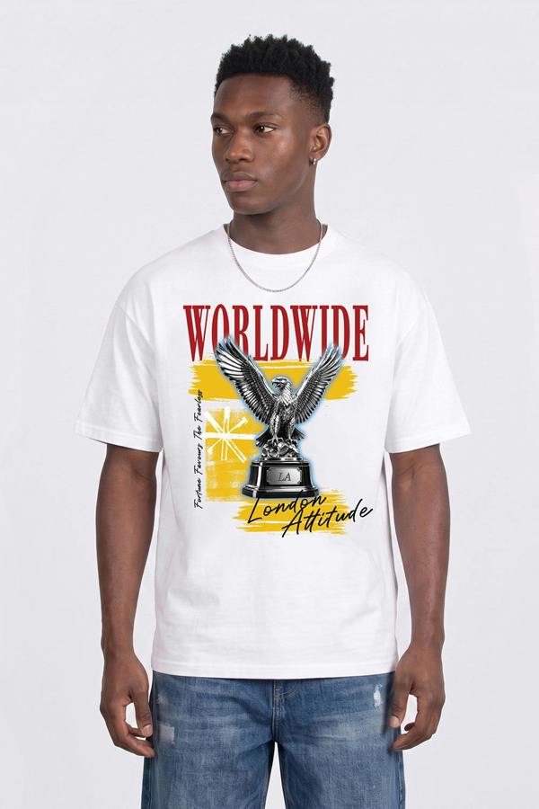 London Attitude Worldwide Eagle Oversized Heavyweight Graphic T-Shirt in White