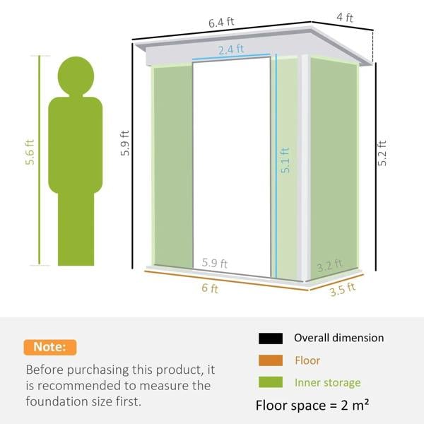 Tool shed dimension diagram with labeled height, width, and depth measurements.