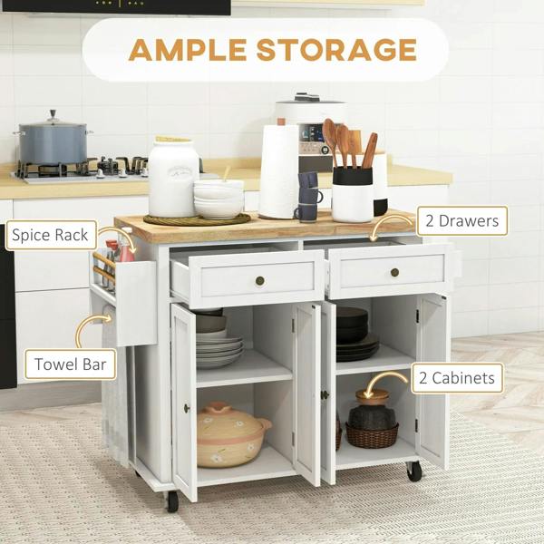White kitchen storage trolley with two drawers and open cabinet shelves holding kitchenware