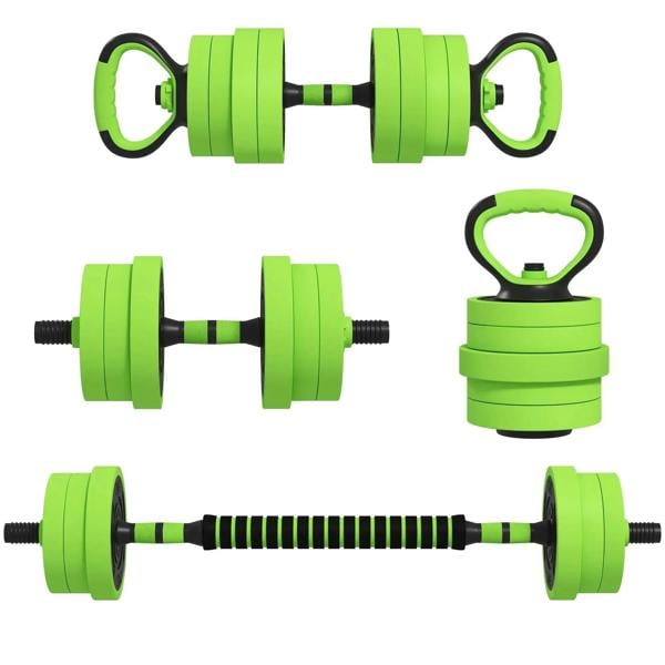 Green adjustable weight set components: dumbbells, barbell bar, kettlebell handle, push-up stand