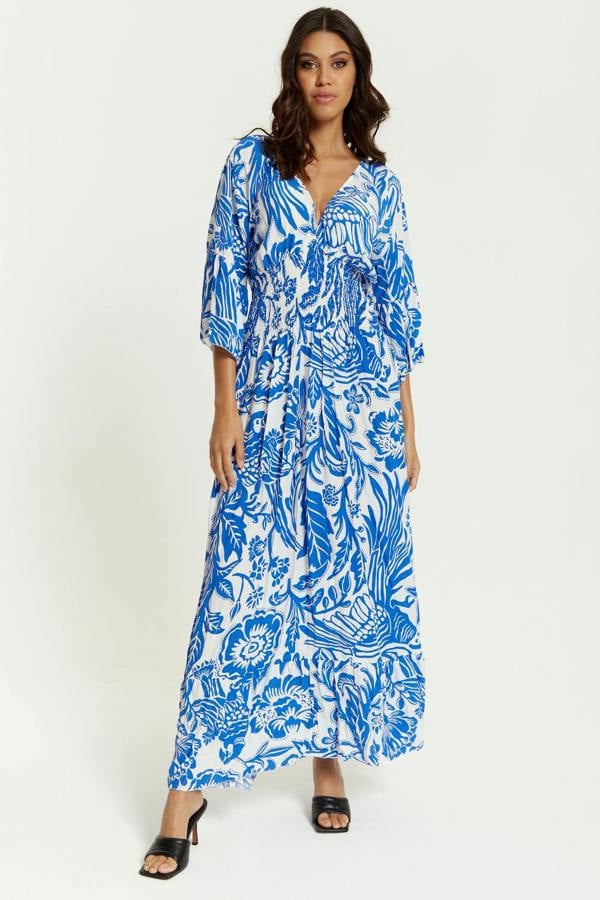 Hoxton Gal Oversized V Neck Detailed Floral Print Maxi Dress in Blue and White