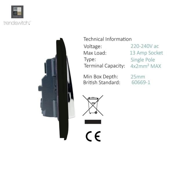 Trendi Switch 2 Gang Long Switched Plug Socket in Matt Black