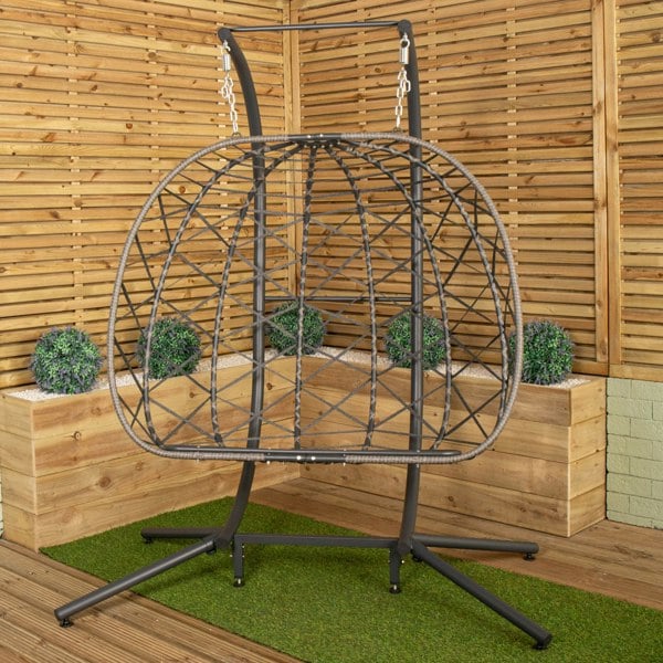 Samuel Alexander 2 Seater Hanging Garden Rattan Egg Chair with Steel Frame and Waterproof Cover in Grey