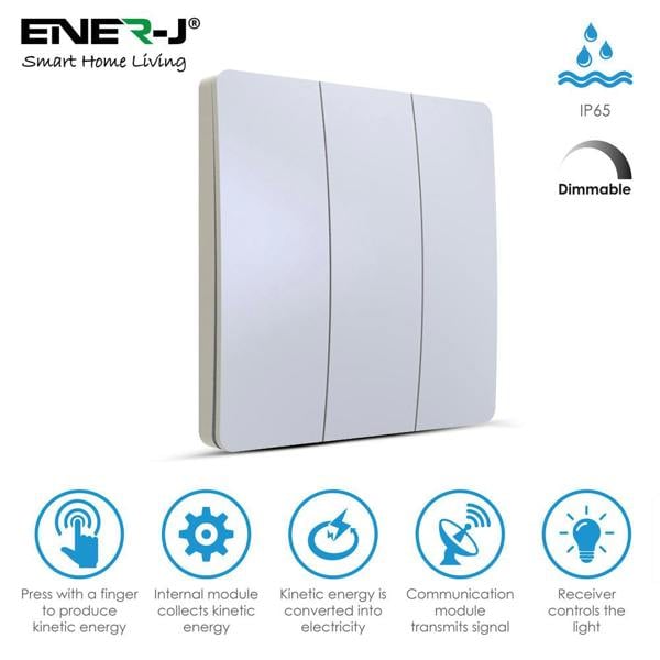 Ener-J 3-Gang Wireless Kinetic Light Switch, White, Self-Powered, IP65 Waterproof (Pro Series)