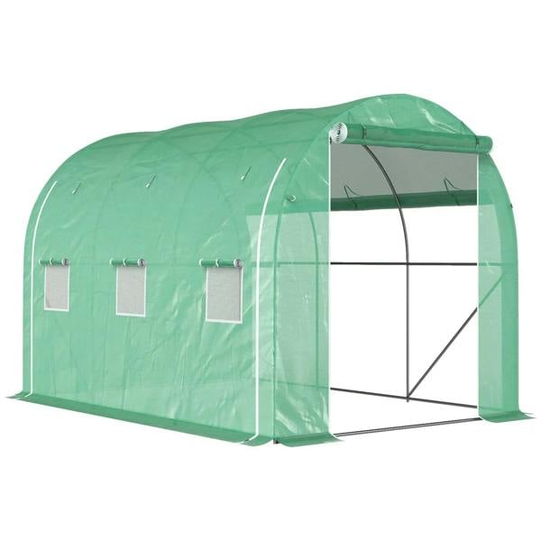 Green polytunnel greenhouse with steel frame and zip front door, translucent cover