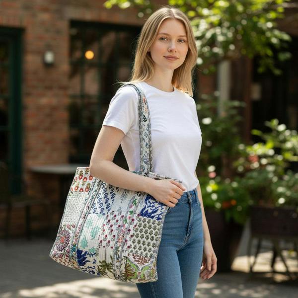 Hayley & Co Patchwork Blue Floral Quilted Cotton Tote Bag