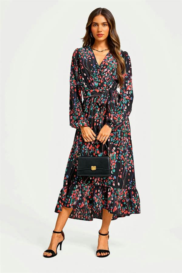 FS Collection Abstract Floral Print Long Sleeve V Neck Wrap Top Midi Dress In Black