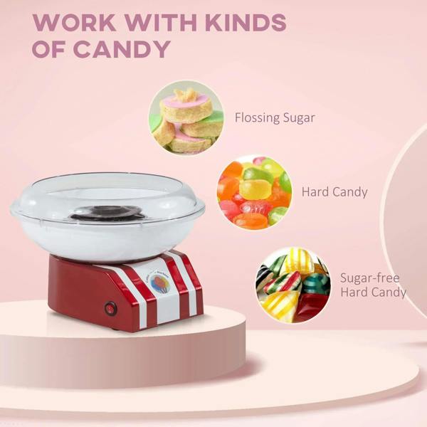 Red and white cotton candy machine on pedestal base with clear dome